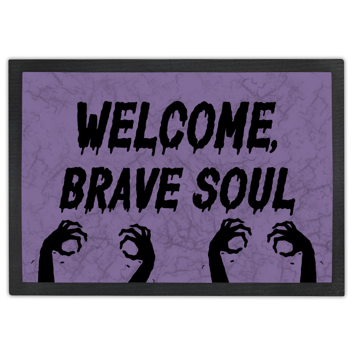 Welcome Brave Soul Horror Doormat with Zombie Hands – Grungy Light Purple Halloween Decor
