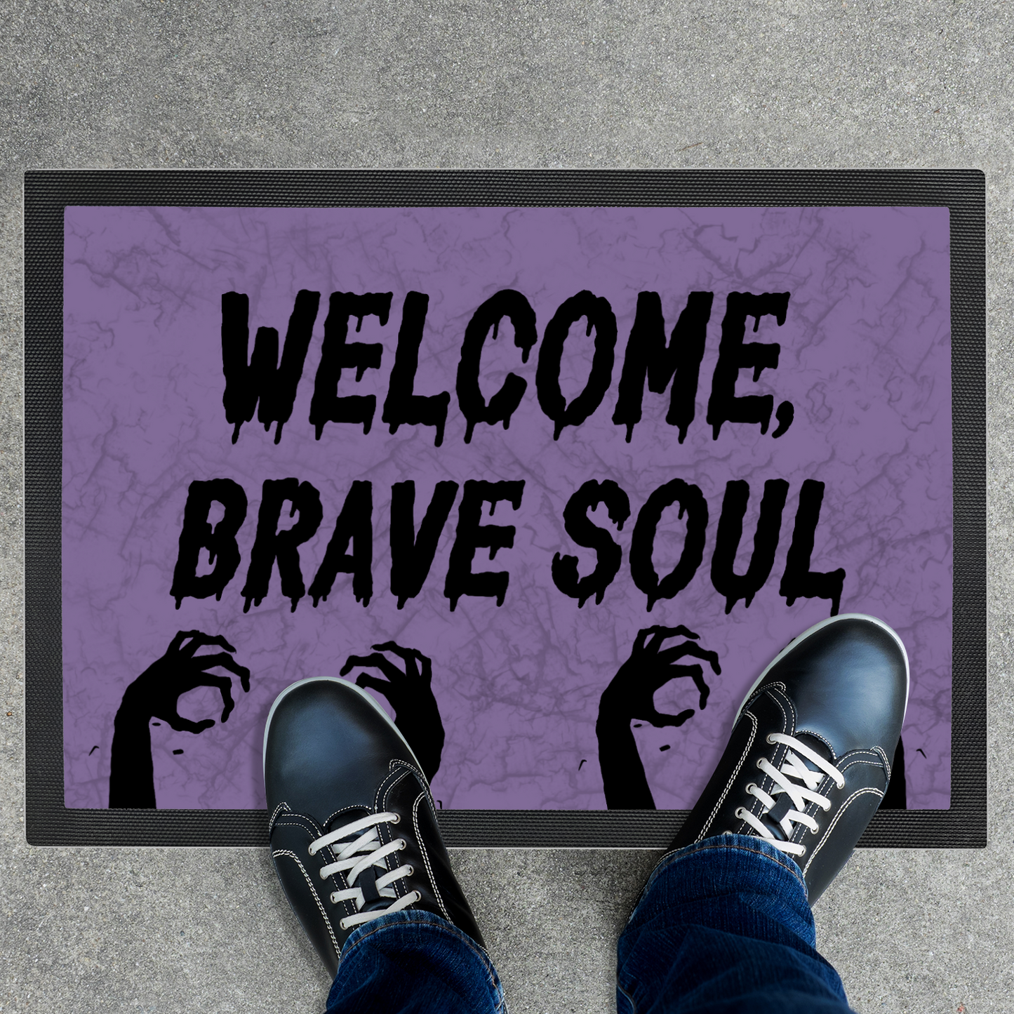 Welcome Brave Soul Horror Doormat with Zombie Hands – Grungy Light Purple Halloween Decor