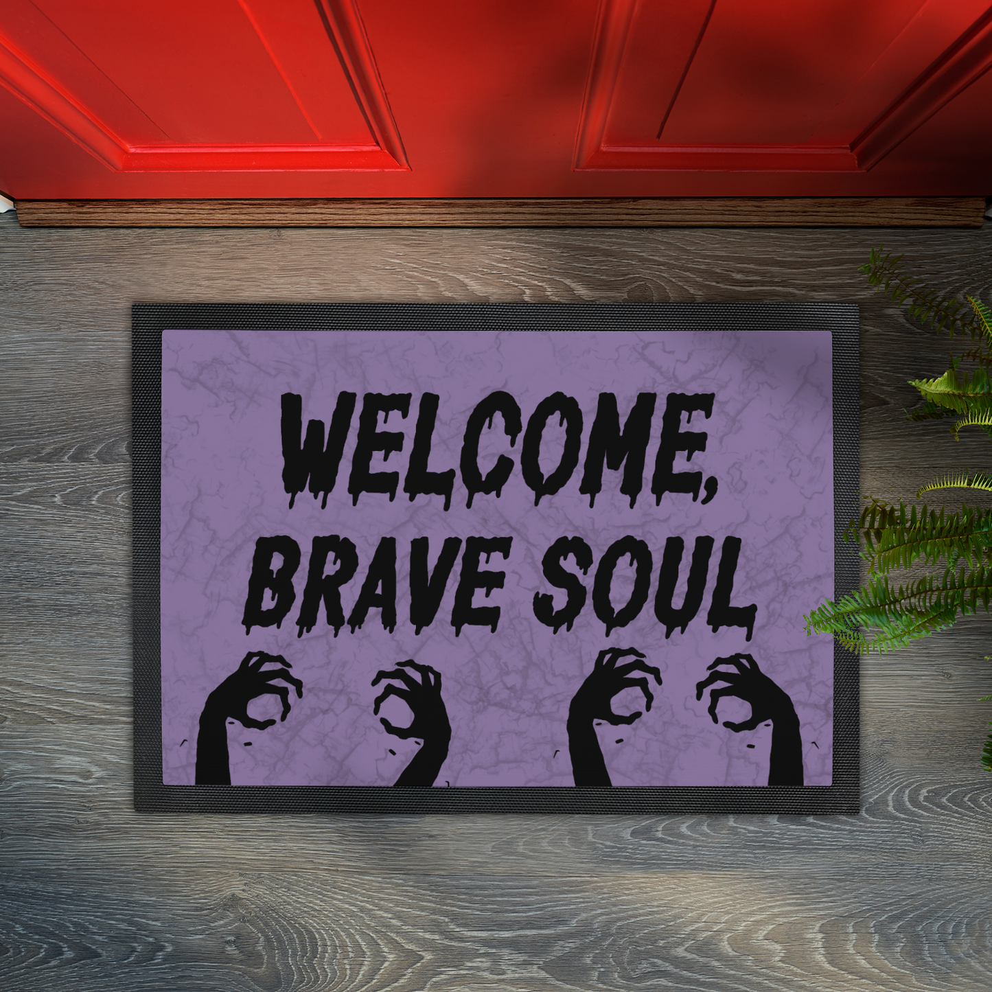 Welcome Brave Soul Horror Doormat with Zombie Hands – Grungy Light Purple Halloween Decor