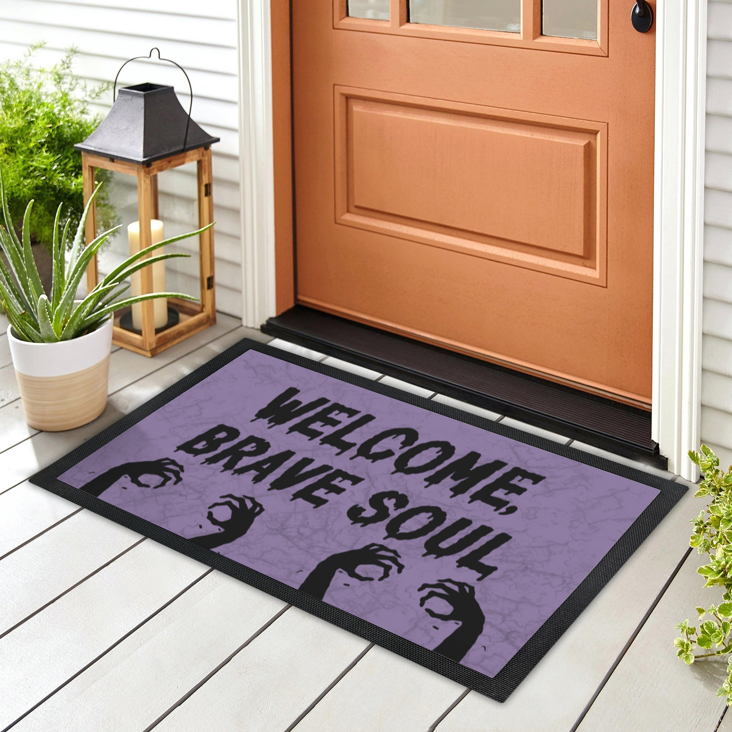 Welcome Brave Soul Horror Doormat with Zombie Hands – Grungy Light Purple Halloween Decor