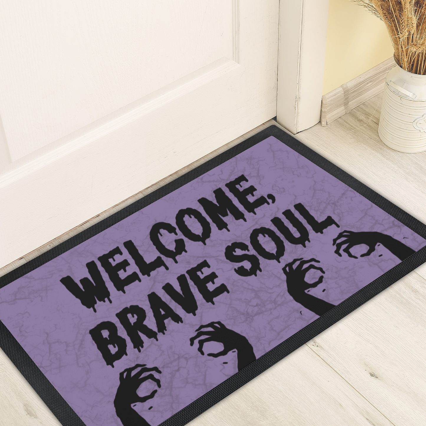 Welcome Brave Soul Horror Doormat with Zombie Hands – Grungy Light Purple Halloween Decor