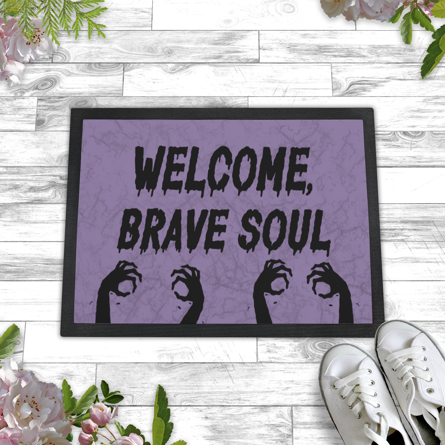 Welcome Brave Soul Horror Doormat with Zombie Hands – Grungy Light Purple Halloween Decor
