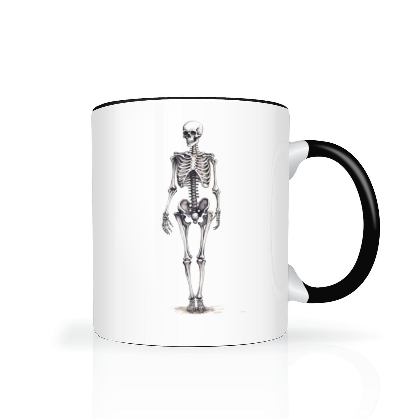 A white mug with a black interior and handle. a skeleton image is printed on the mug