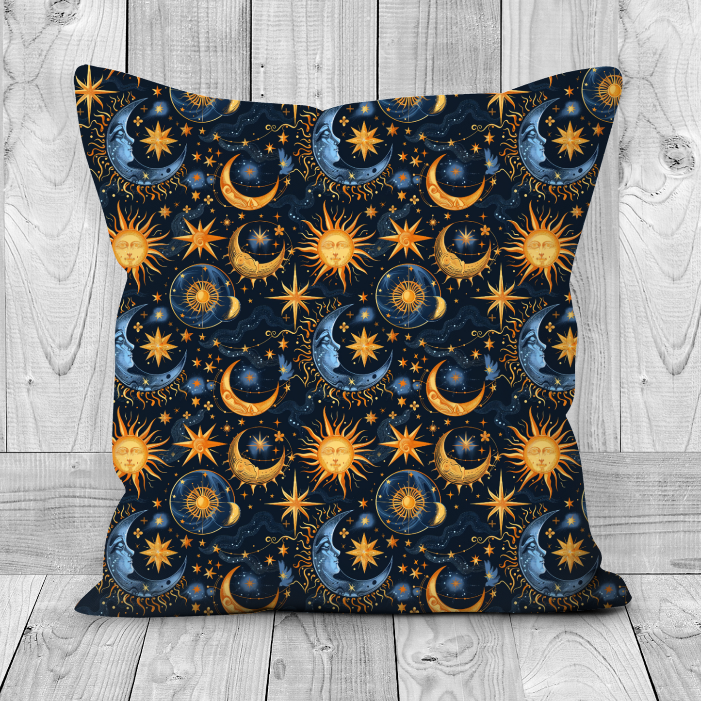Celestial Sun and Moon Faux Suede Cushion – Mystical Astrology Throw Pillow for Cosmic Decor