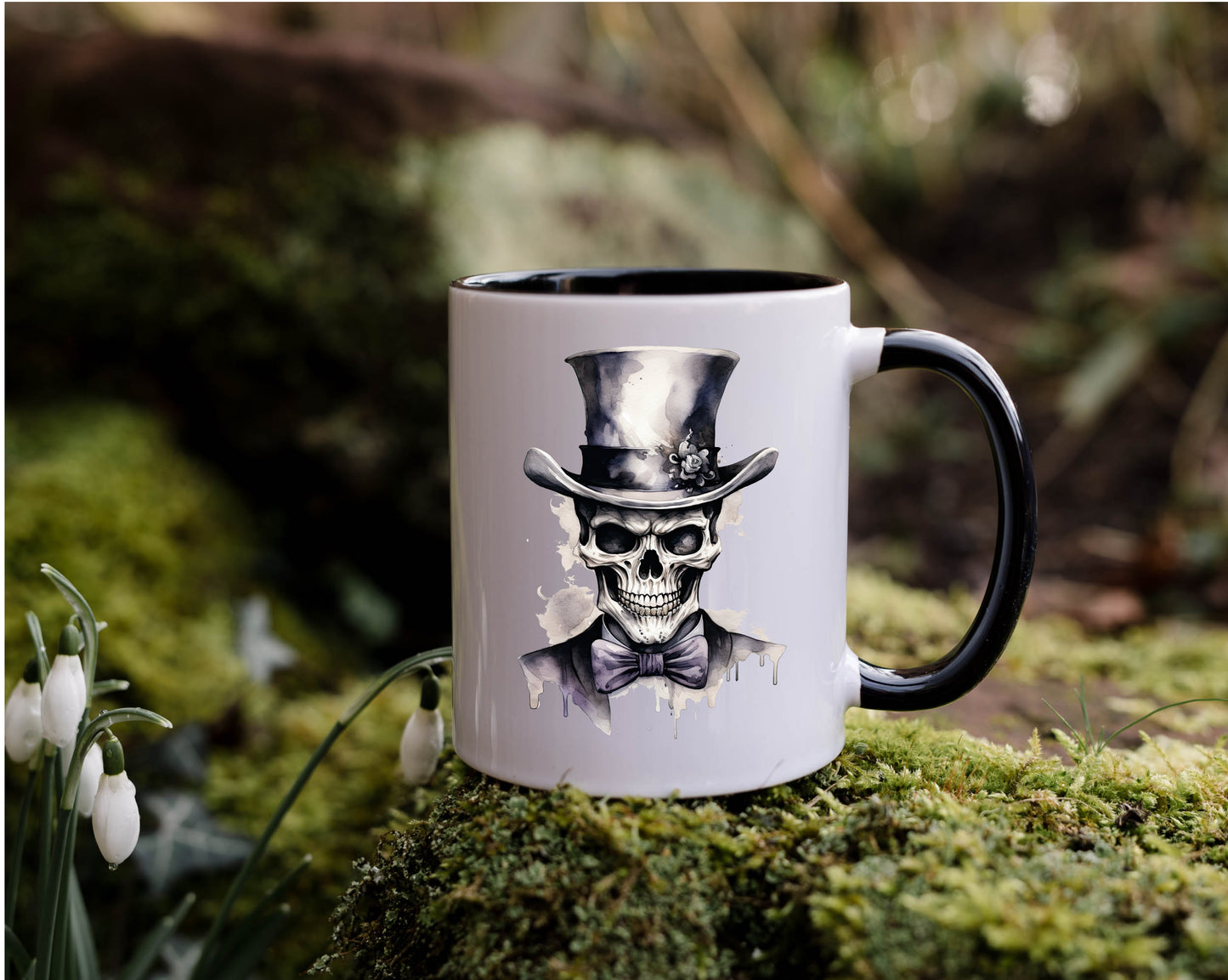 Spooky Skeleton Mug – 11oz White Mug with Black Interior & Handle, Gothic Décor
