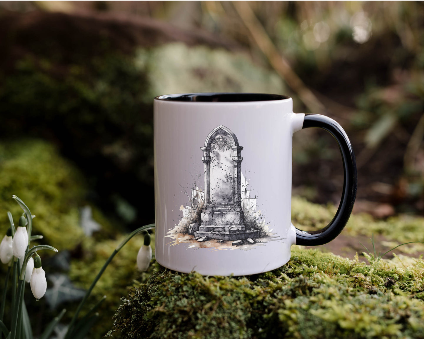 Gothic Watercolor Gravestone Mug – 11oz White Mug with Black Interior & Handle, Halloween Drinkware