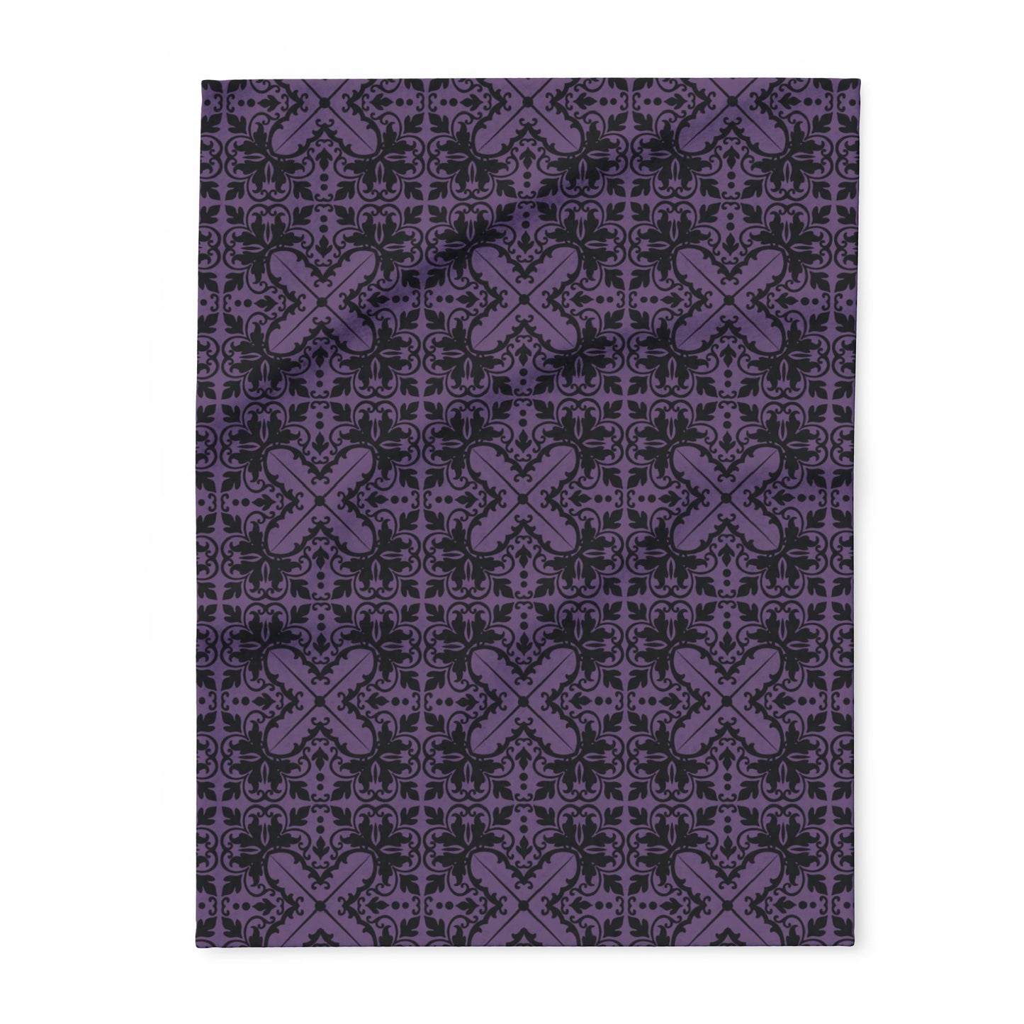 Luxurious Gothic Fleece Blanket with Black and Purple Damask Design – Cozy Home Décor in 3 Sizes