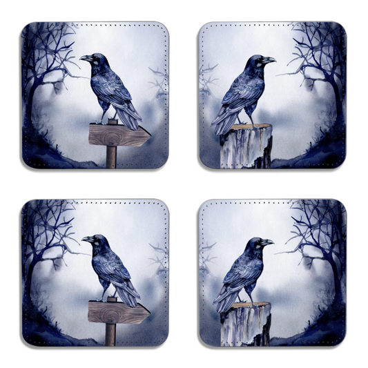 Set of four coasters, each with a black raven sat on either a tree trunk or a wooden signpost. Set against a mysterious and spooky background.