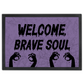 Welcome Brave Soul Horror Doormat with Zombie Hands – Grungy Light Purple Halloween Decor