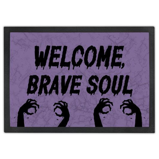 Welcome Brave Soul Horror Doormat with Zombie Hands – Grungy Light Purple Halloween Decor