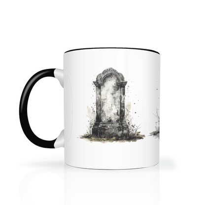 Gothic Watercolor Gravestone Mug – 11oz White Mug with Black Interior & Handle, Halloween Drinkware