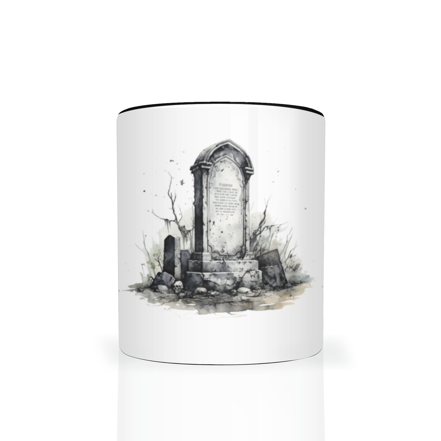 Gothic Watercolor Gravestone Mug – 11oz White Mug with Black Interior & Handle, Halloween Drinkware