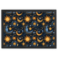 doormat with navy background and bright gold images of the sun, moon and stars