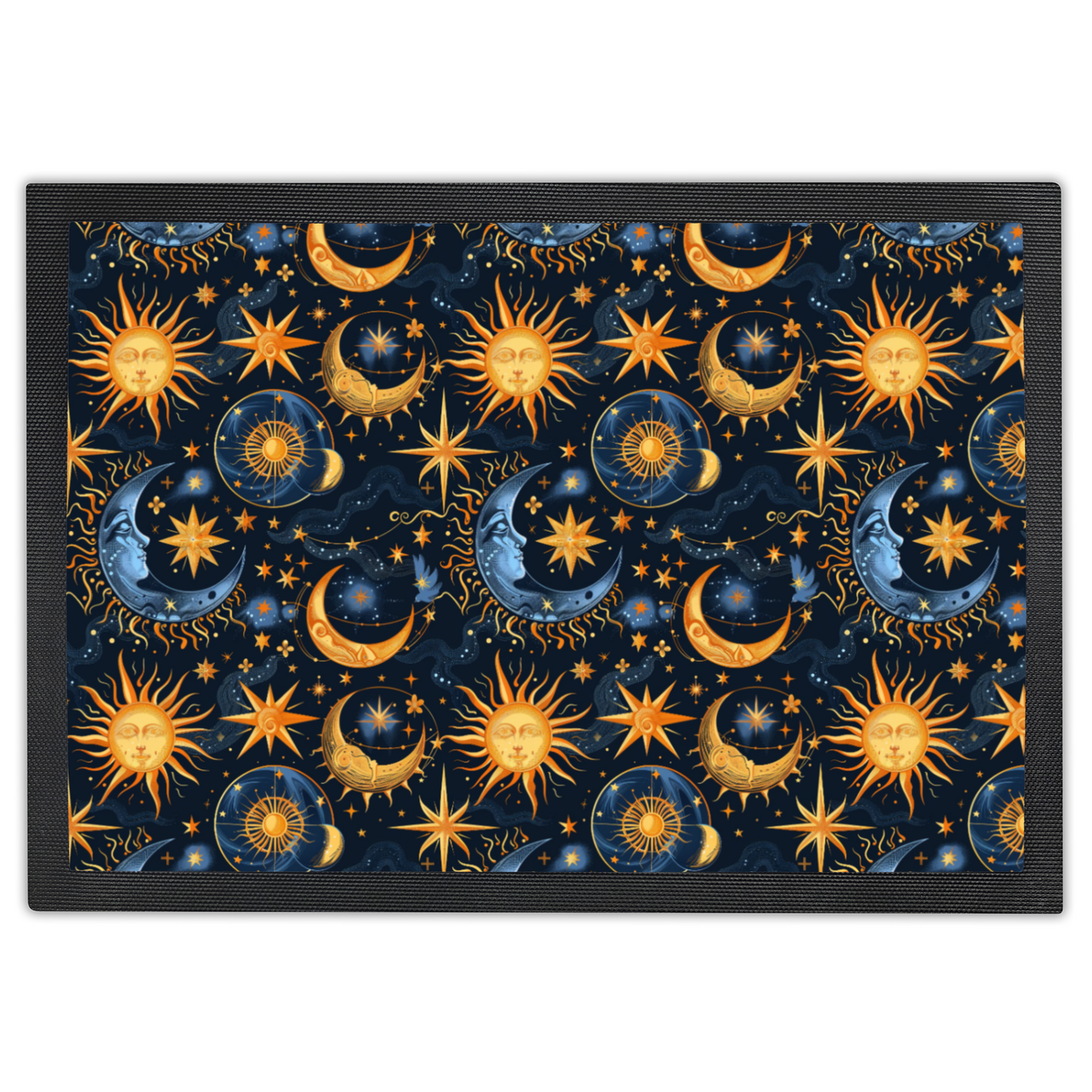 doormat with navy background and bright gold images of the sun, moon and stars