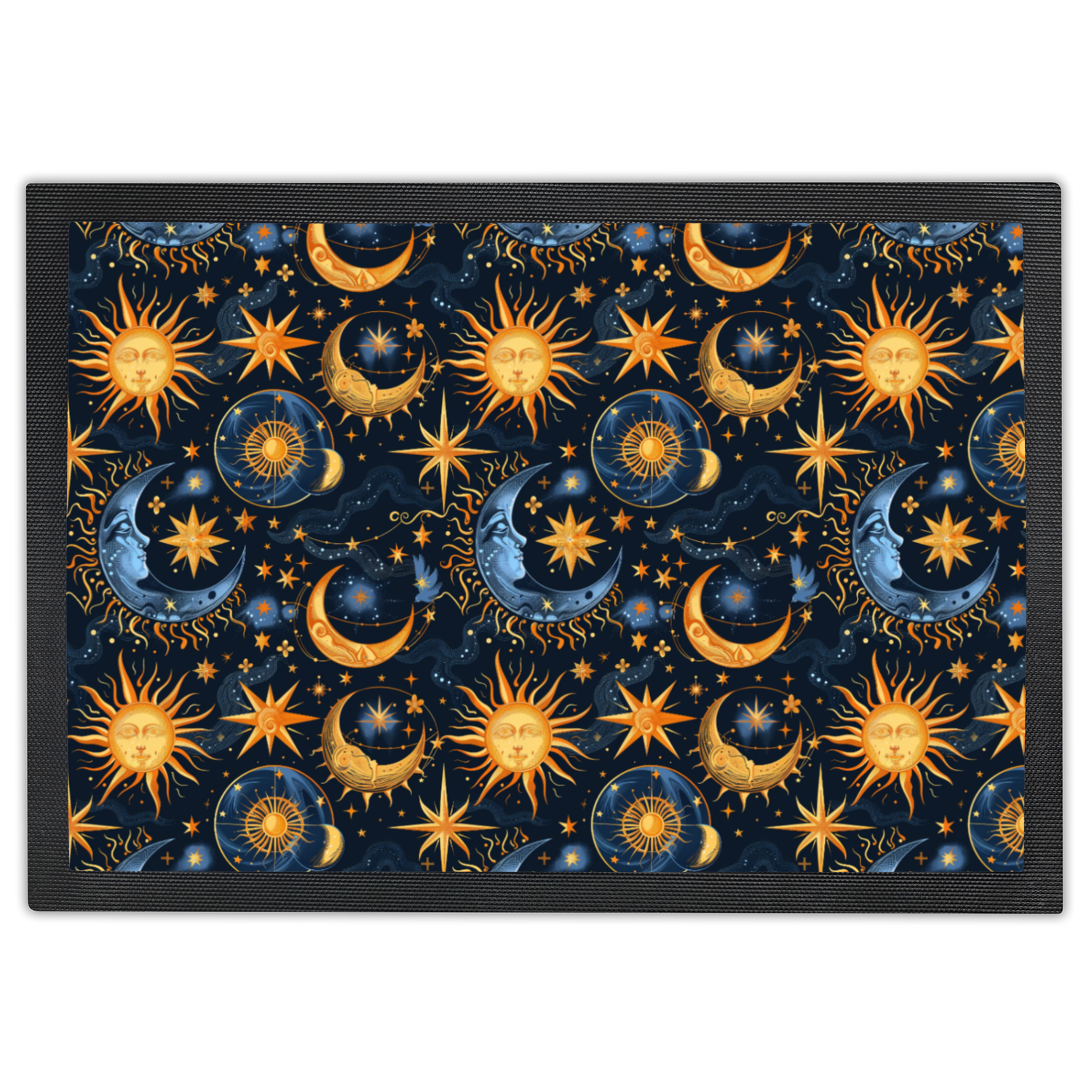 doormat with navy background and bright gold images of the sun, moon and stars