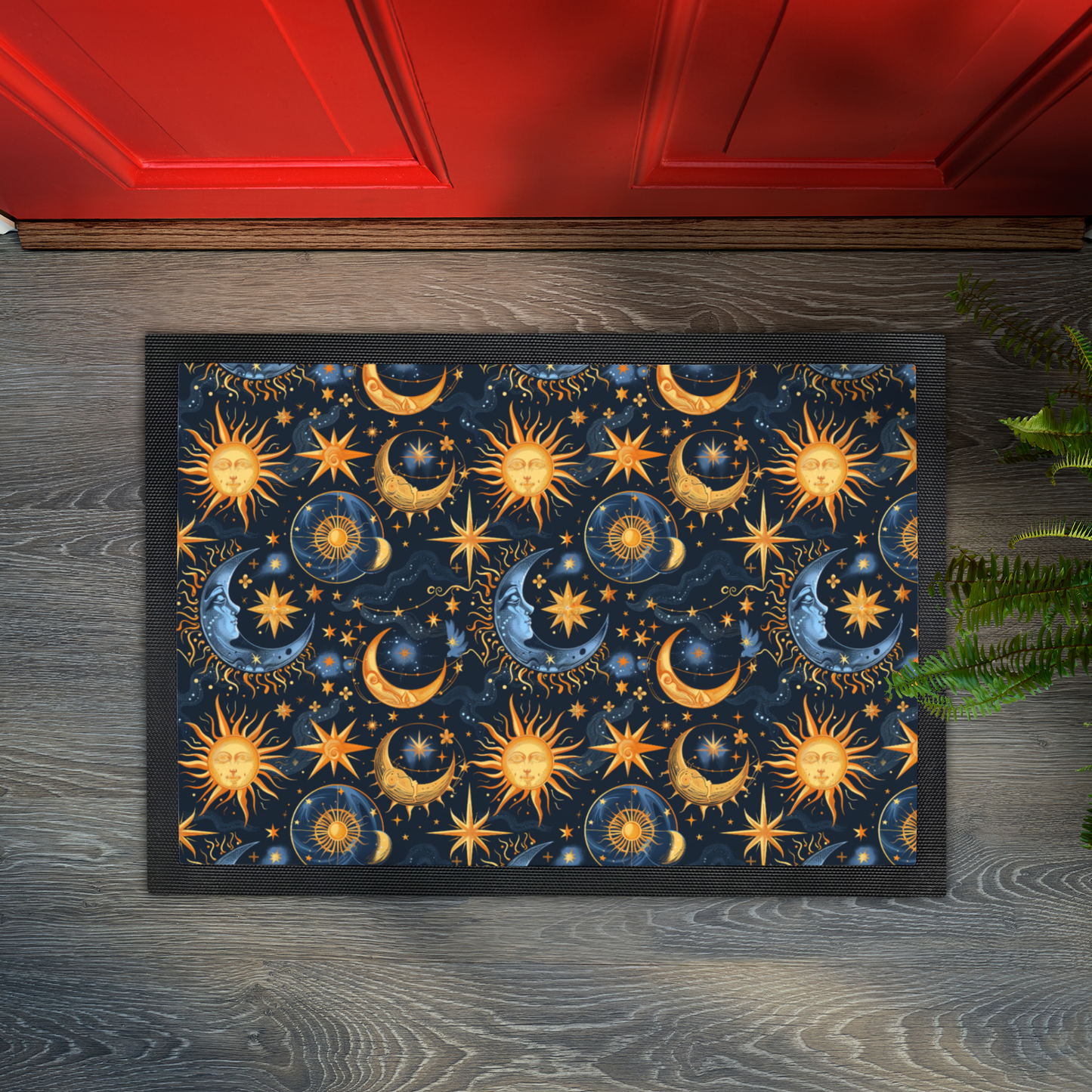 Celestial Sun and Moon Door Mat – Mystical Starry Welcome Mat for Cosmic Lovers
