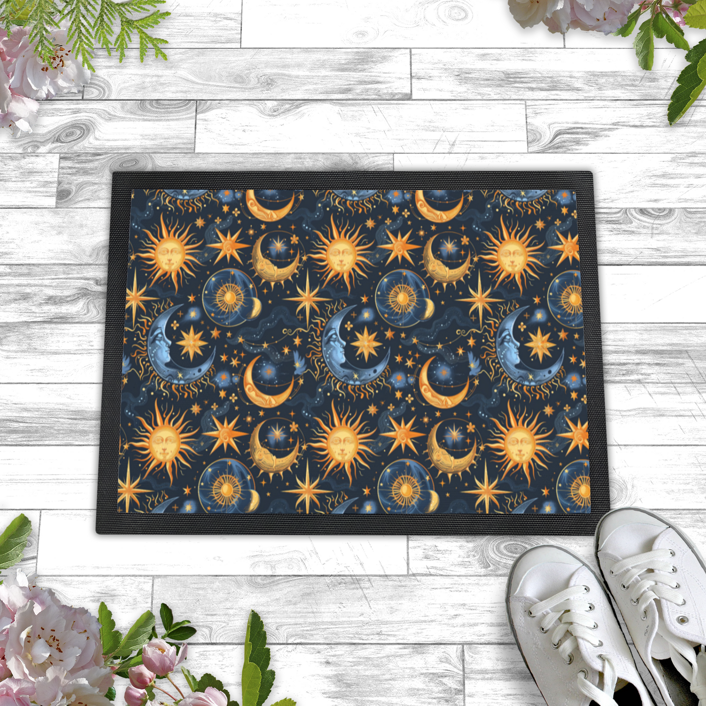 Celestial Sun and Moon Door Mat – Mystical Starry Welcome Mat for Cosmic Lovers