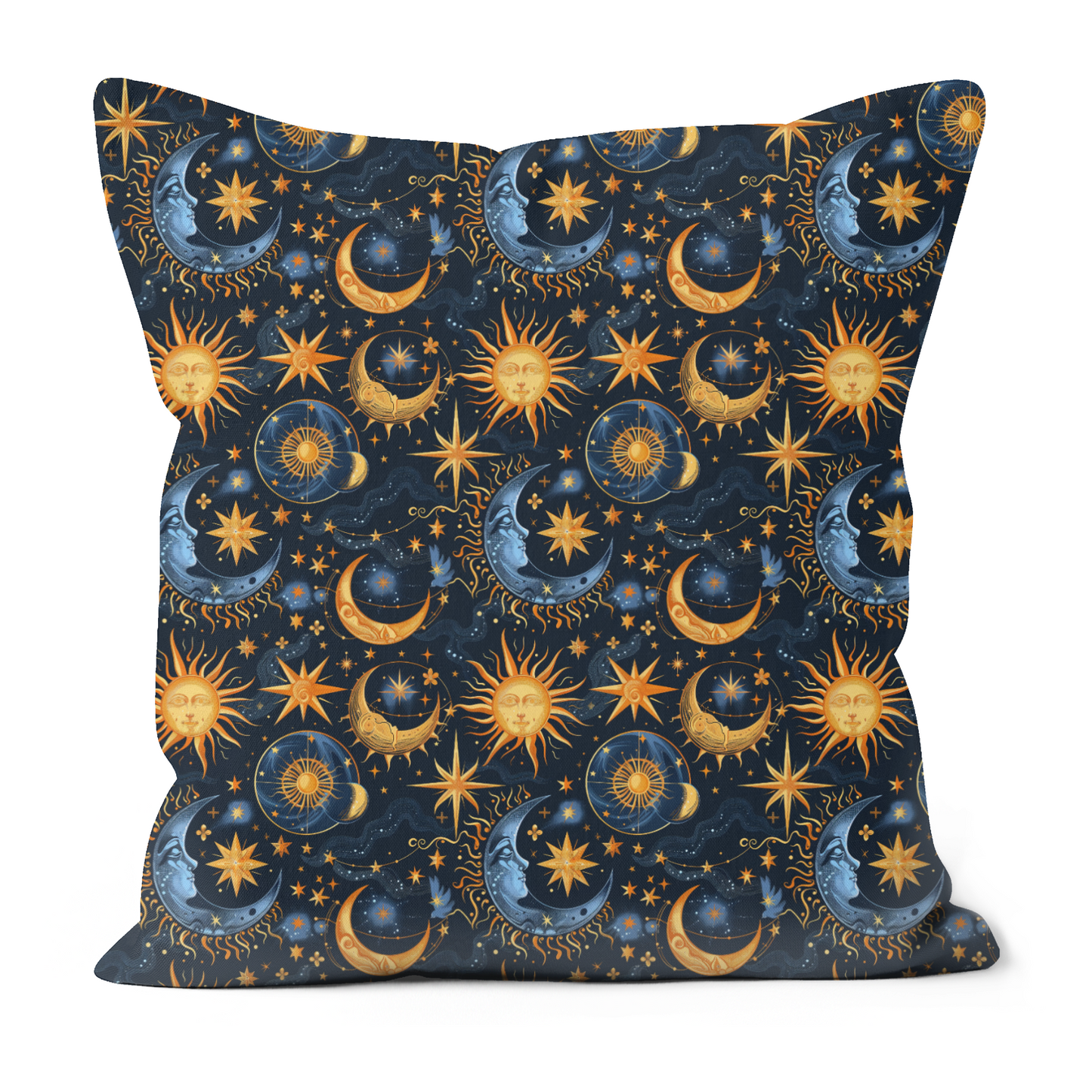 A dark blue pillow with vibrant gold and blue images of moons, the sun and stars