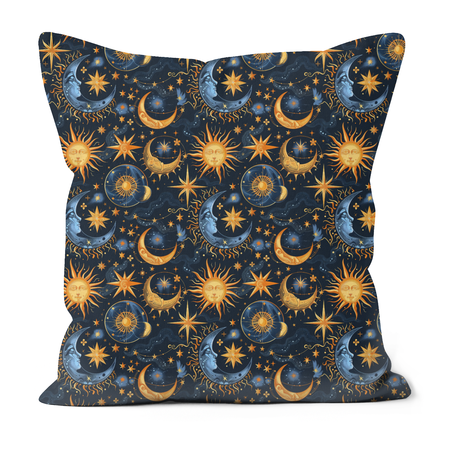 A dark blue pillow with vibrant gold and blue images of moons, the sun and stars