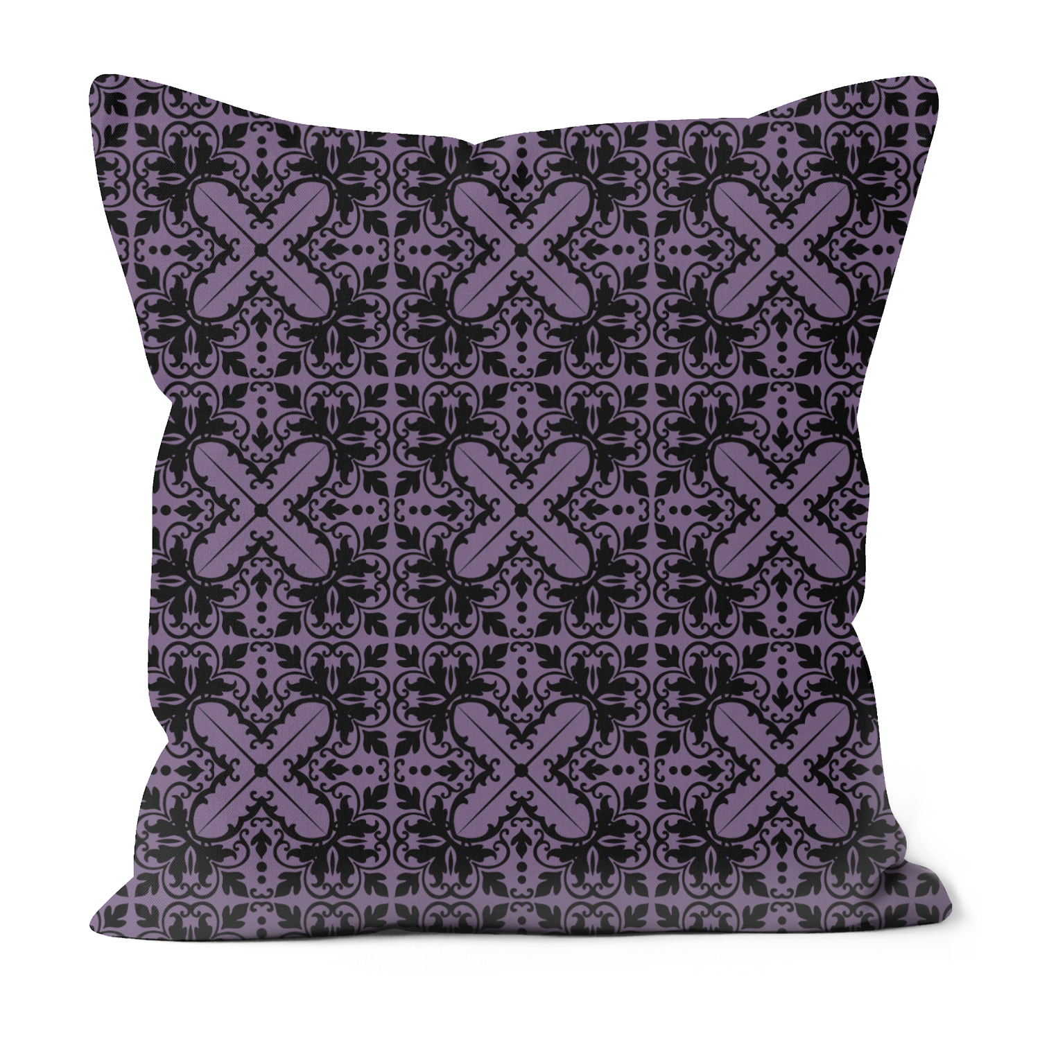 purple cushion with black damask pattern
