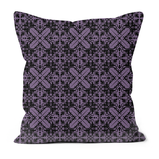 purple cushion with black damask pattern
