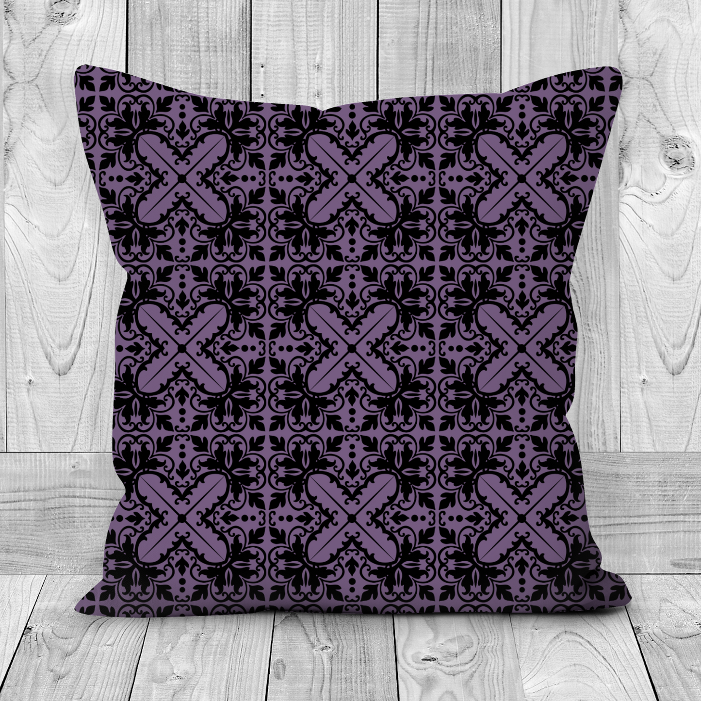 Gothic Faux Suede Cushion – Purple & Black Cross Damask Design