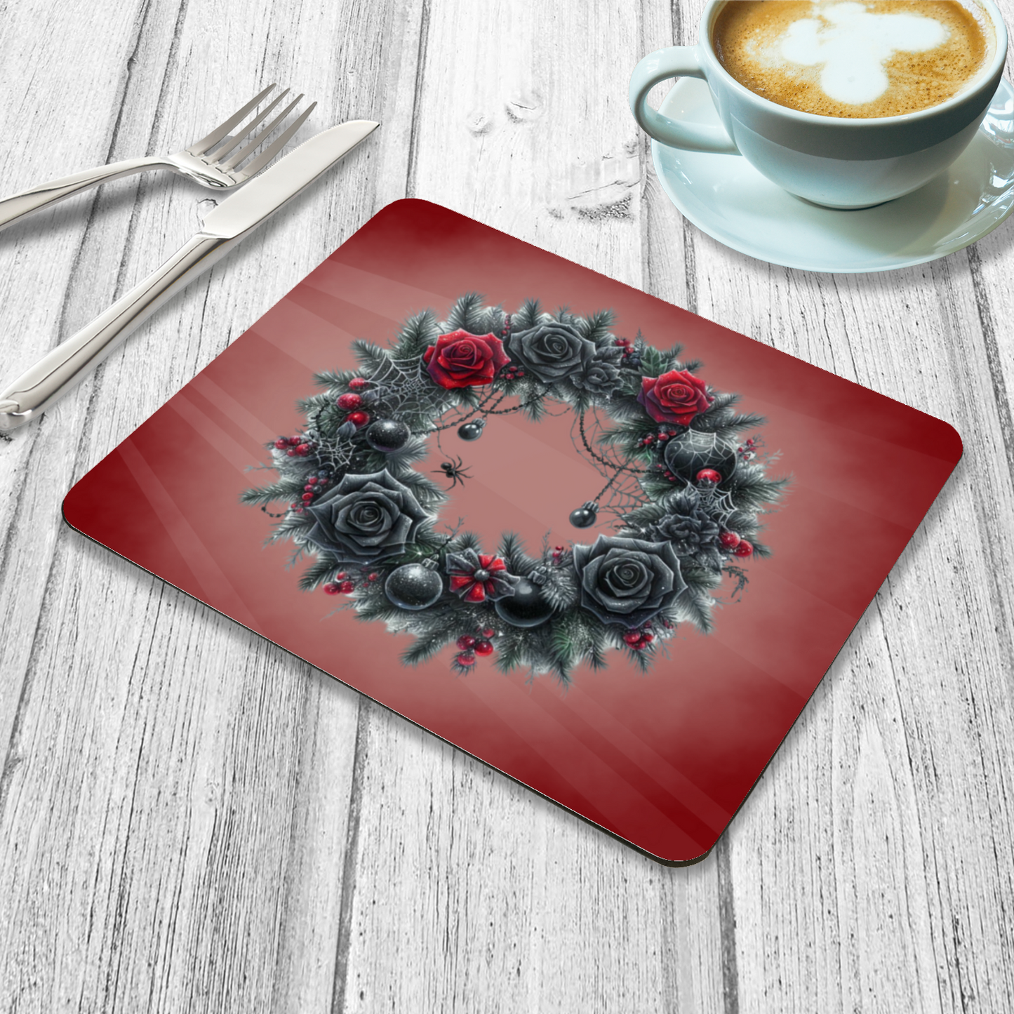 Dark Elegance Christmas Placemat – Gothic Wreath with Black Roses & Cobwebs