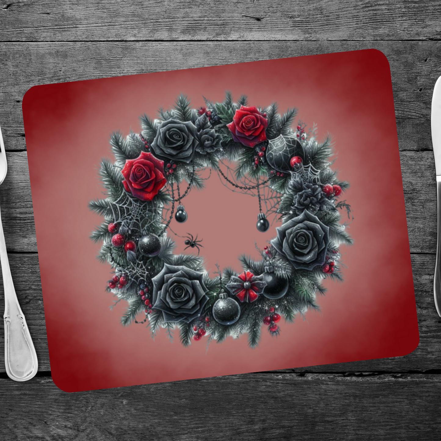 Dark Elegance Christmas Placemat – Gothic Wreath with Black Roses & Cobwebs