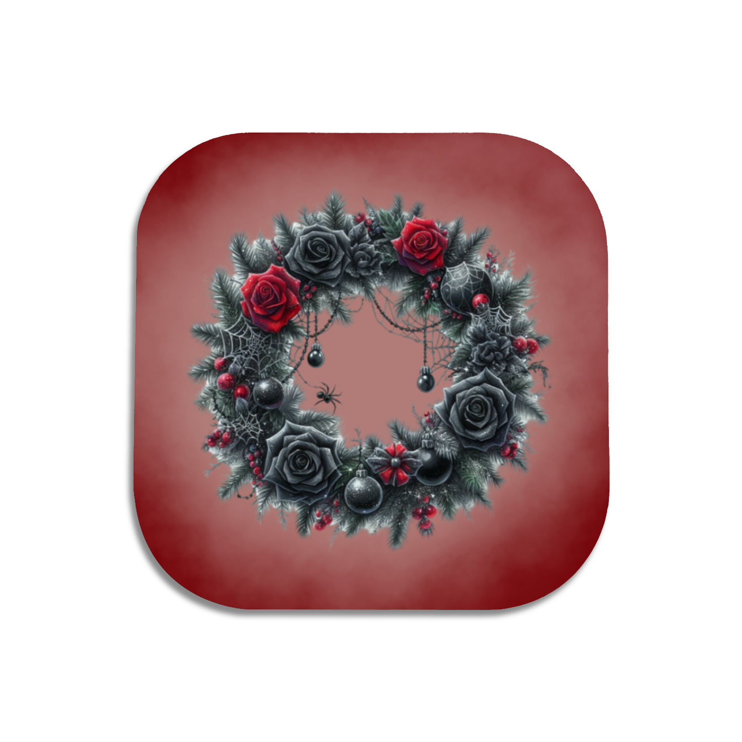 Dark Elegance Christmas Coaster – Gothic Wreath with Black Roses & Cobwebs