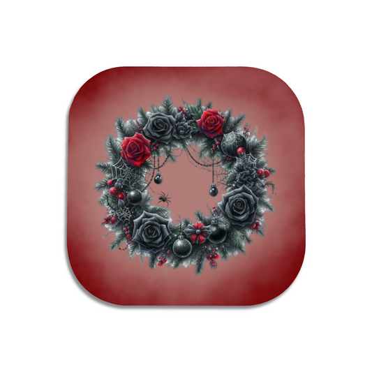 Dark Elegance Christmas Coaster – Gothic Wreath with Black Roses & Cobwebs
