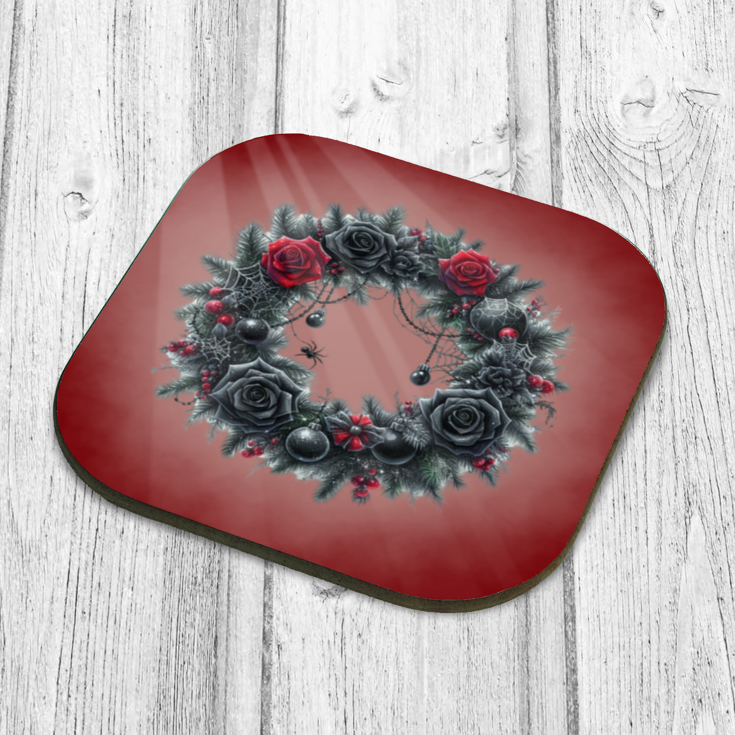 Dark Elegance Christmas Coaster – Gothic Wreath with Black Roses & Cobwebs