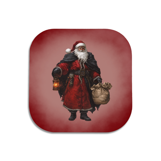 A red drinks coaster with a smokey background. A picture of a vintage, slightly gothic Santa is printed on the coaster 
