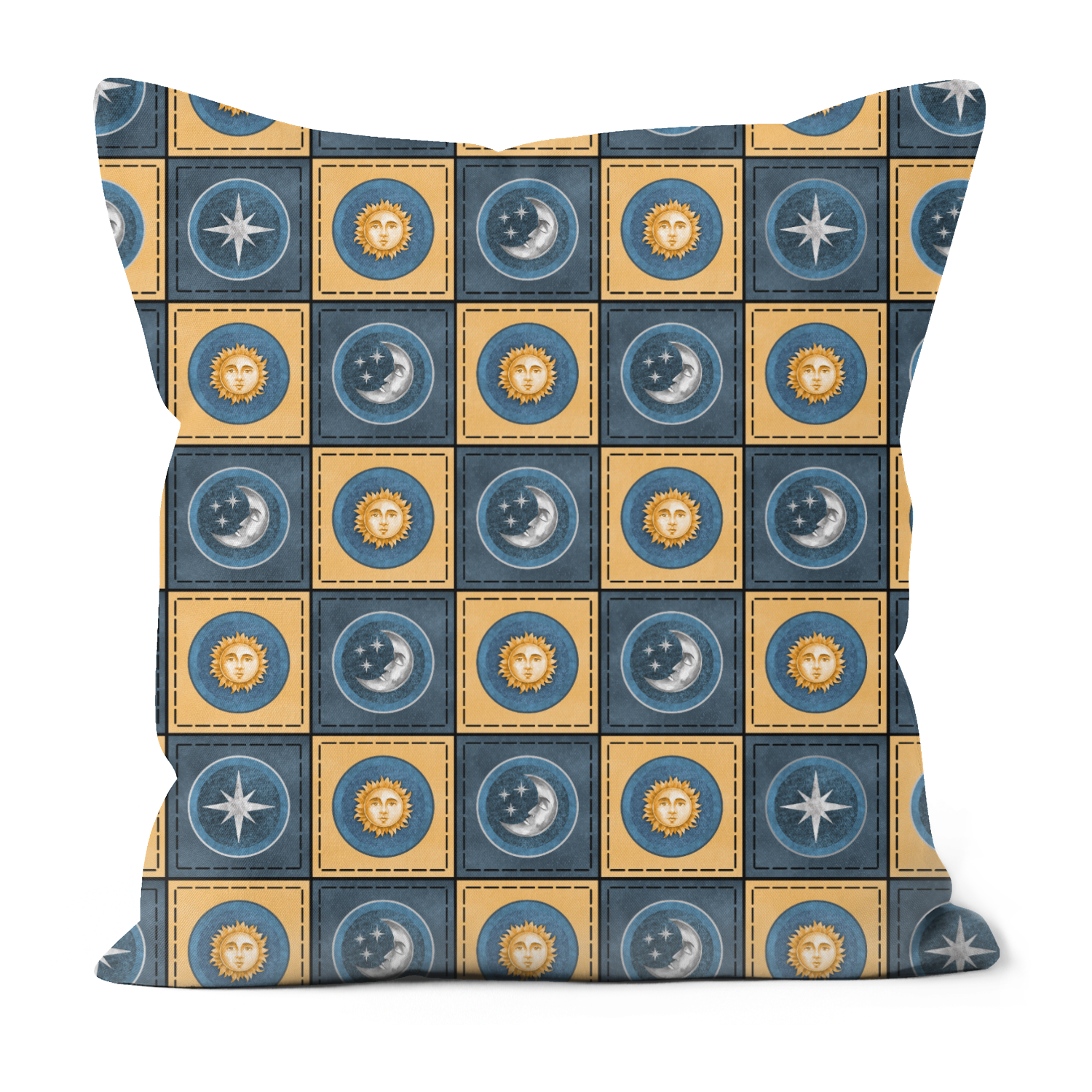 Patchwork effect blue and yellow cushion with sun, moon and stars on it.