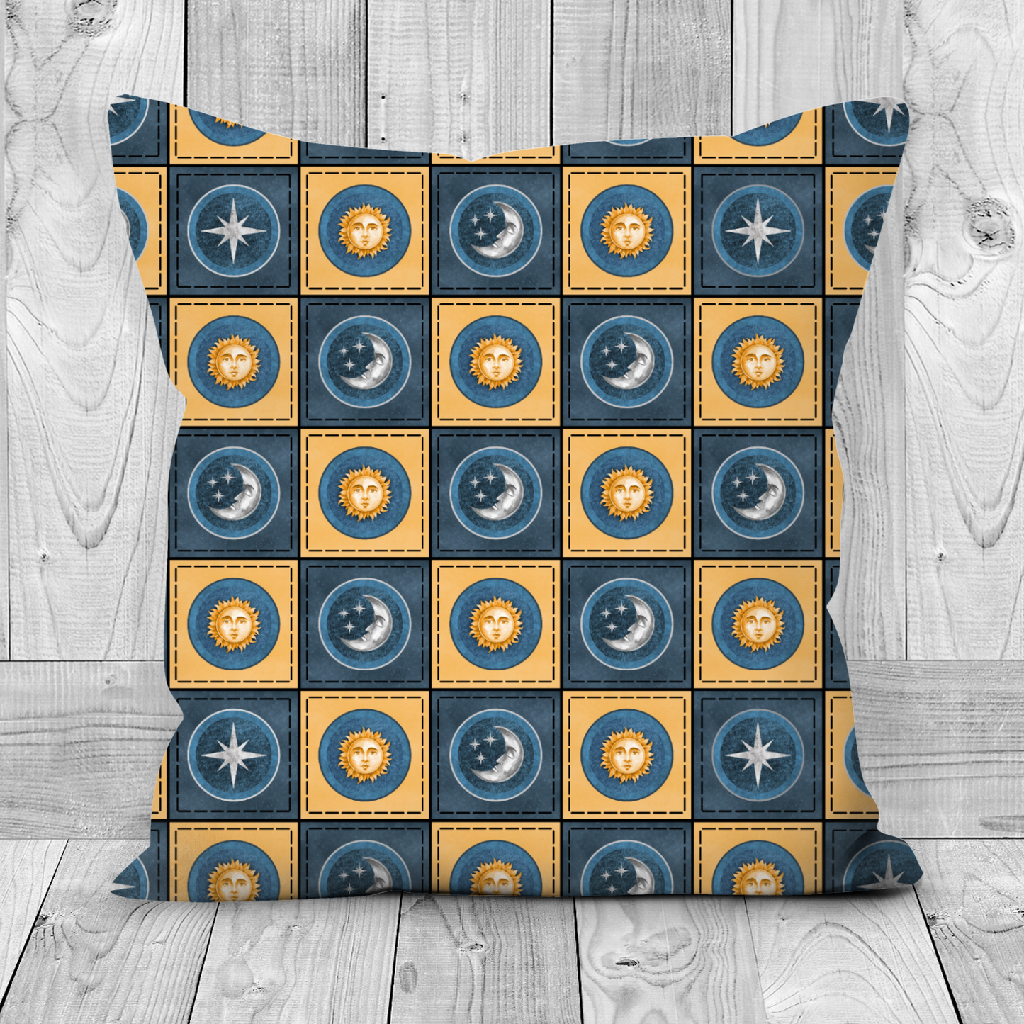 Faux Suede Cushion -Patchwork Effect Celestial Sun Moon Star Print