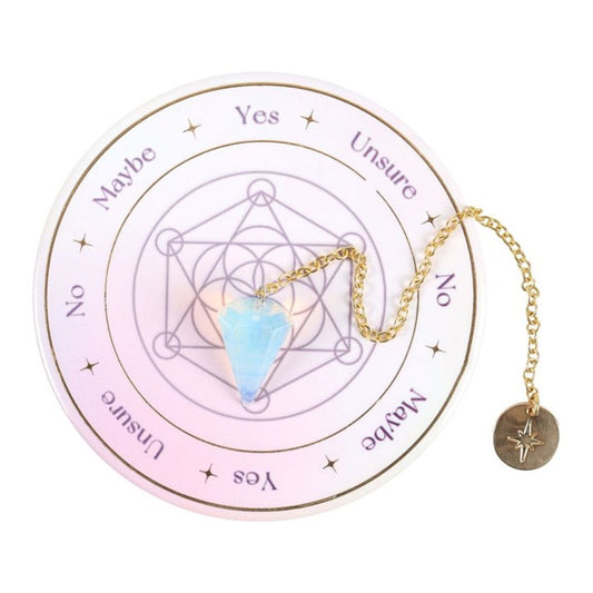 a beautiful opalite pendulum, known for its ethereal glow and calming energy, making it a powerful tool for spiritual insight. The ceramic base showcases an intricate Flower of Life design with Yes, No, Maybe and Unsure answers