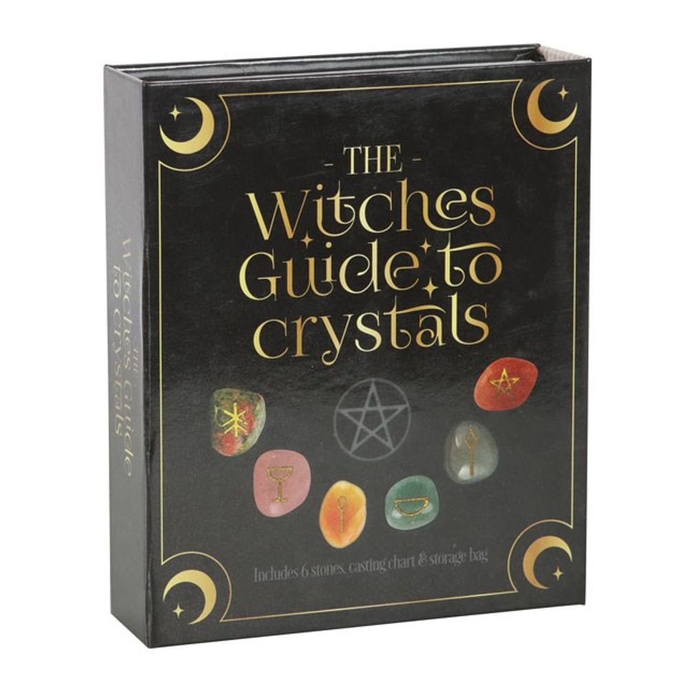 A black box with images of crystals with rune symbols on and a pentagon below the words "The witches guide to crystals