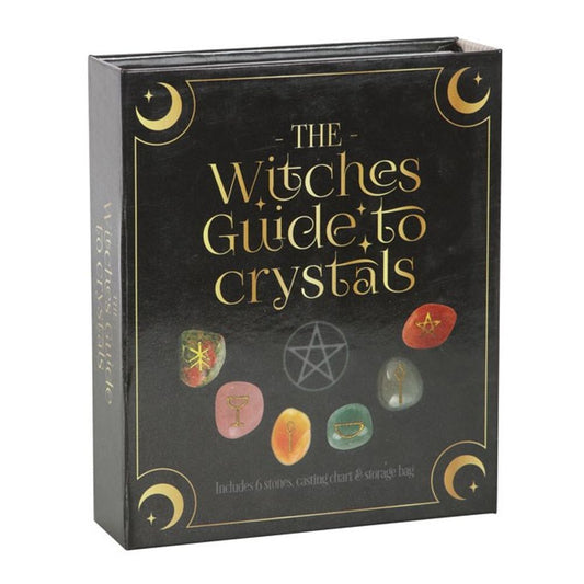 A black box with images of crystals with rune symbols on and a pentagon below the words "The witches guide to crystals