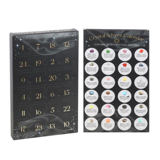 Inside a folded advent calendar showing 24 doors and pictures of what crystals maybe behind each door
