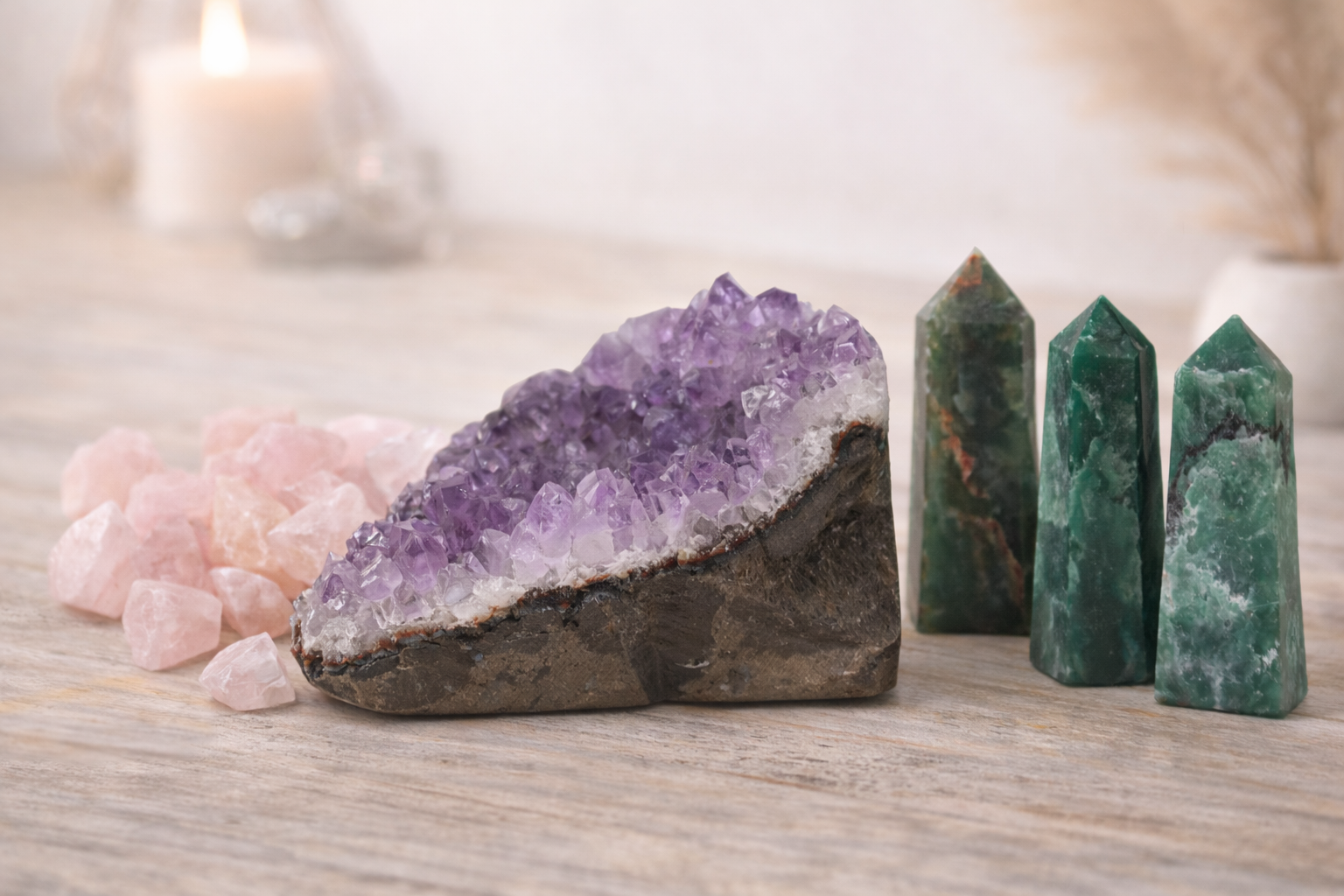 various crystals on a wooden surface including rose quartz and raw amethyst and jade obelisk points
