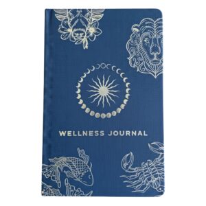 A blue journal with a silver zodiac design
