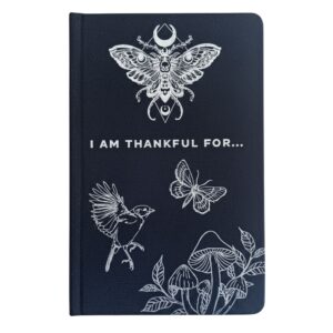 black gratitude journal with silver nature lineart on the cover