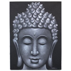 Hand-Painted Buddha Canvas Wall Art – Balinese Spiritual Home Décor- Grey Brocade Detail