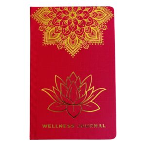 Front cover of an A5 journal. It's red with a gold mandala and lotus image
